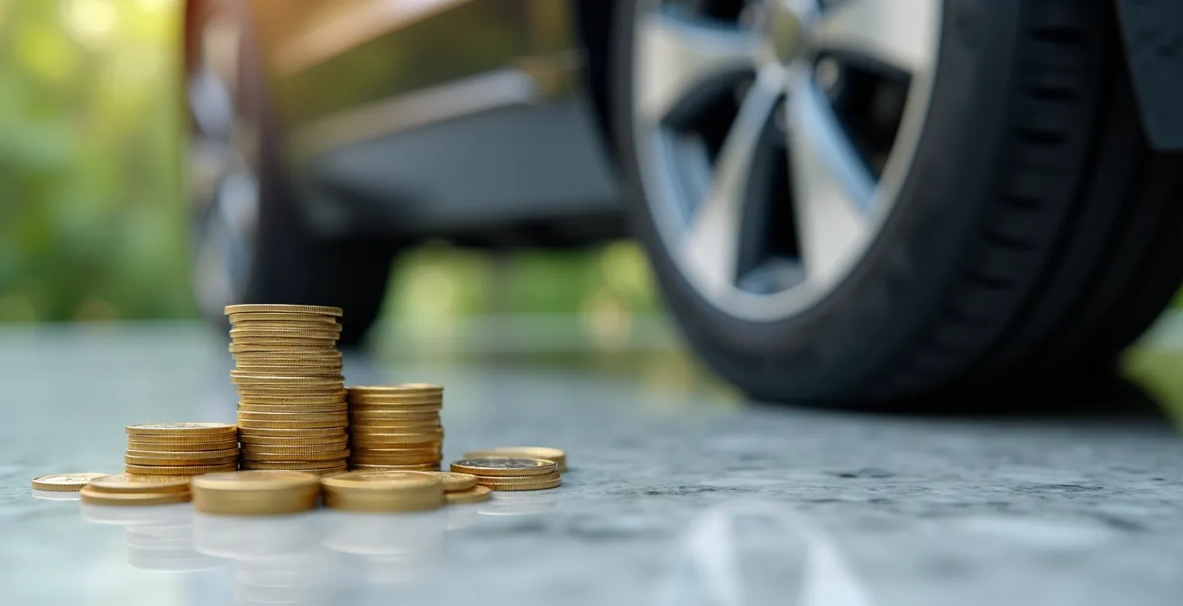 Photographie conceptuelle d’un empilement de pièces sur fond flou avec un pneu en arrière-plan, symbolisant l’économie réalisée.
