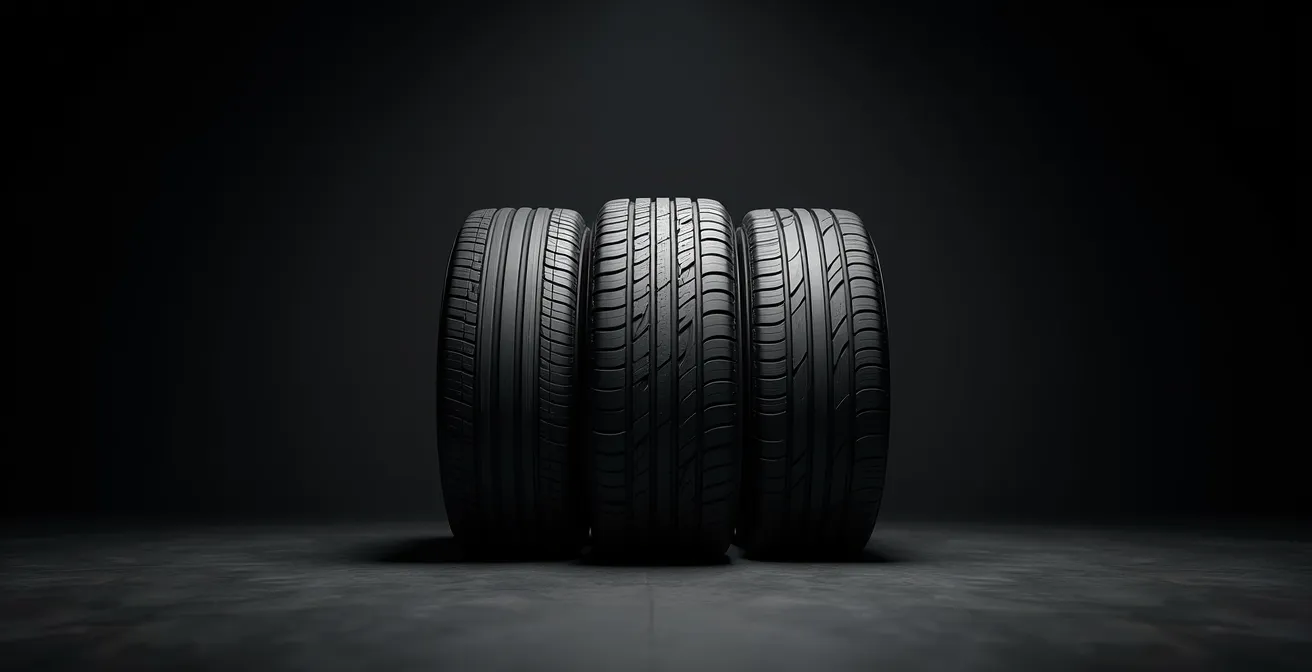 Photo réaliste de trois pneus d’allure premium alignés sur un sol sombre, éclairage d’ambiance, chaque pneu légèrement différent.