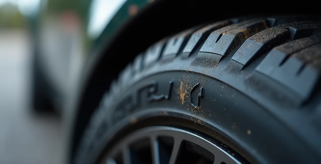 Macro photo ultra-détaillée du flanc d’un pneu, mettant en avant la texture et la finesse des rainures usées.