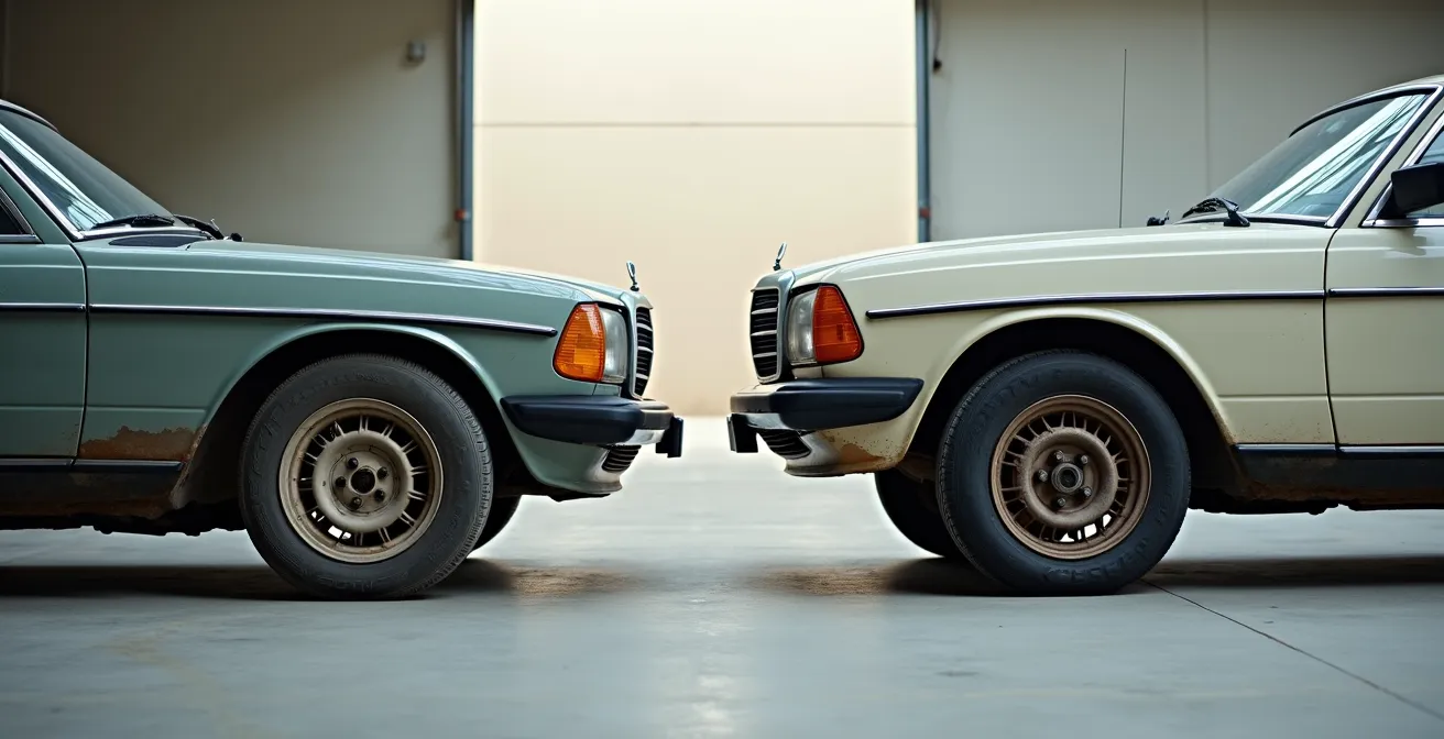 Comparaison visuelle entre un pneu usé et un pneu neuf sur une voiture d'occasion