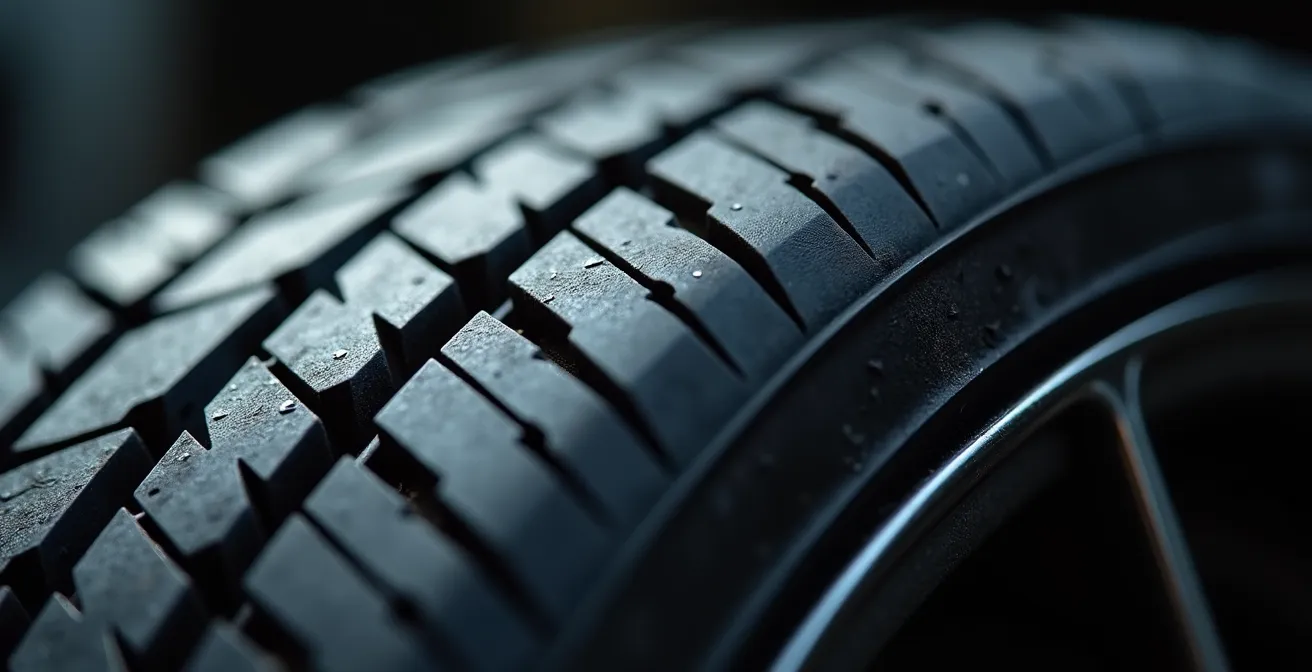 Détail macro de la structure de la gomme d'un pneu premium montrant les rainures et la texture