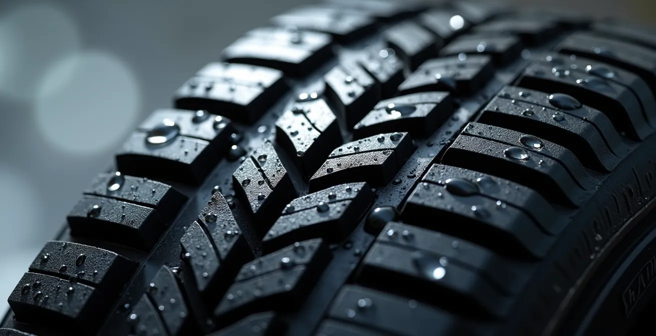 Détail macro de la sculpture d'un pneu 4 saisons