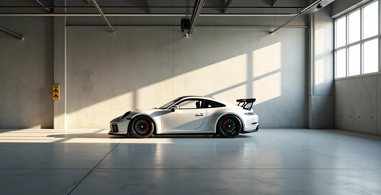 Garage moderne épuré avec voiture garée paisiblement