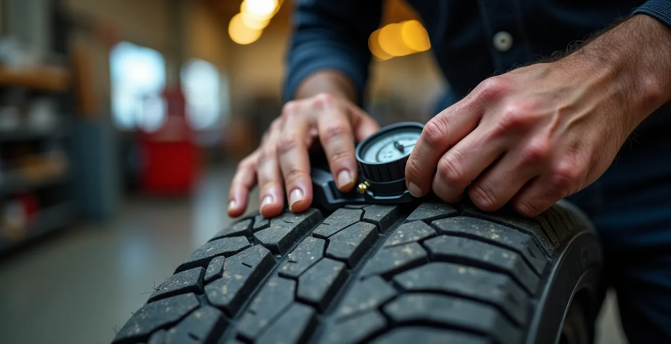 Mains de mécanicien inspectant l'usure d'un pneu sur une voiture d'occasion